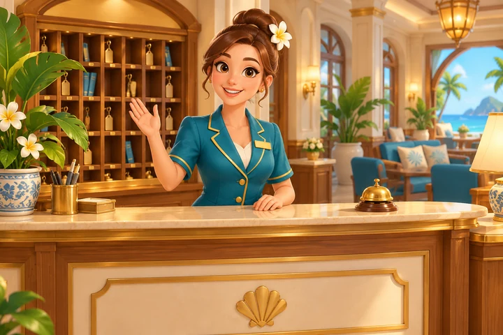 A smiling hotel receptionist welcoming you at the lobby counter